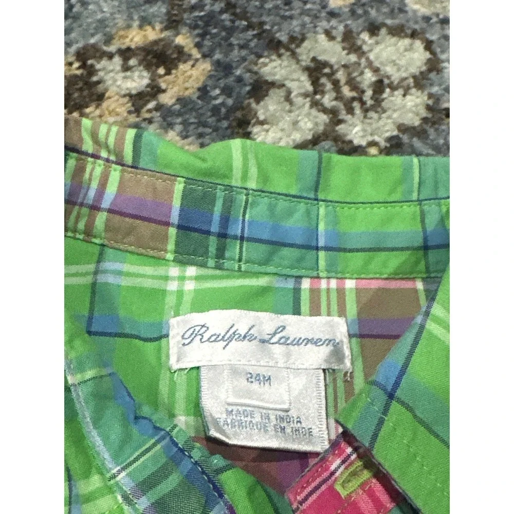 Ralph Lauren Button Down Kids 24M Green Pink Madras Plaid EUC‎